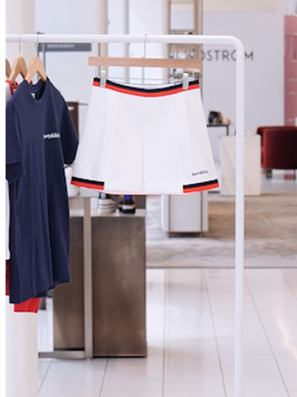 SPORTY & RICH Mila Logo Detail Miniskirt White Navy Fire Red Pleated Sz Small